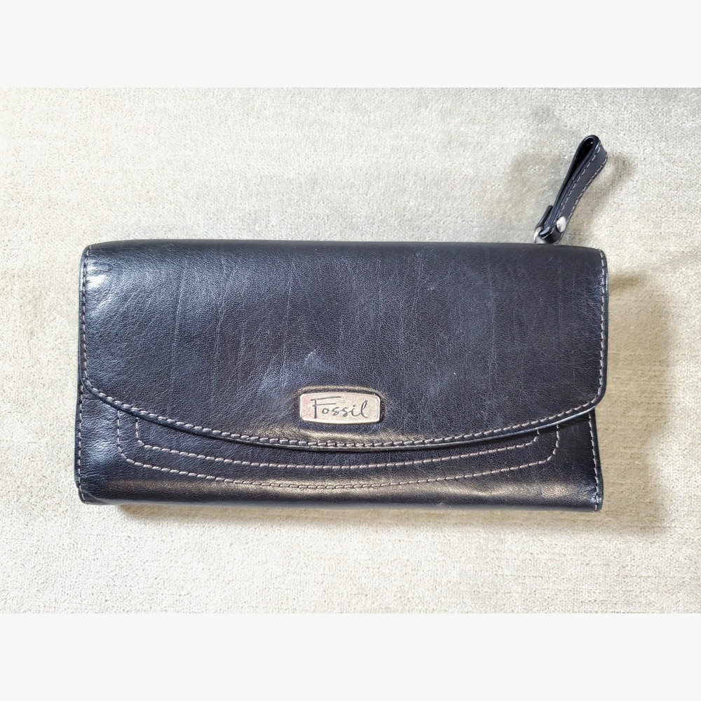 Fossil Black Leather Trifold Wallet Contrast Stitch SL2490